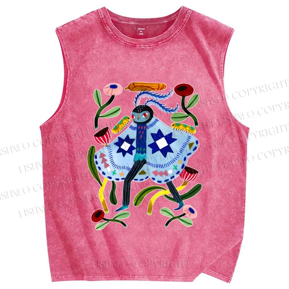 Unisex Blue Moth Graffiti Printed Washed Tank Top