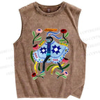 Unisex Blue Moth Graffiti Printed Washed Tank Top