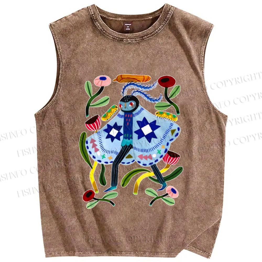 Unisex Blue Moth Graffiti Printed Washed Tank Top