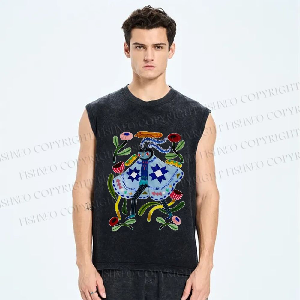 Unisex Blue Moth Graffiti Printed Washed Tank Top