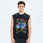 Unisex Blue Moth Graffiti Printed Washed Tank Top
