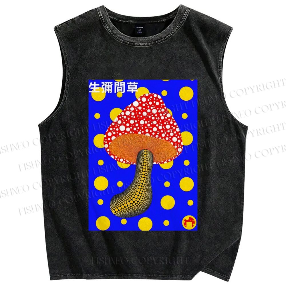 Unisex Yayoi Kusama Mushroom With Dots Printed Washed Tank Top