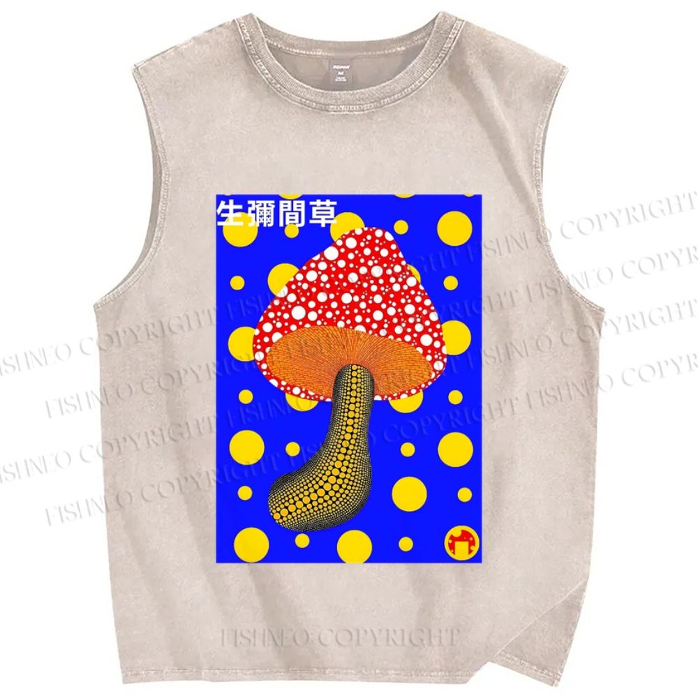Unisex Yayoi Kusama Mushroom With Dots Printed Washed Tank Top