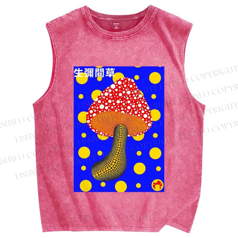 Unisex Yayoi Kusama Mushroom With Dots Printed Washed Tank Top