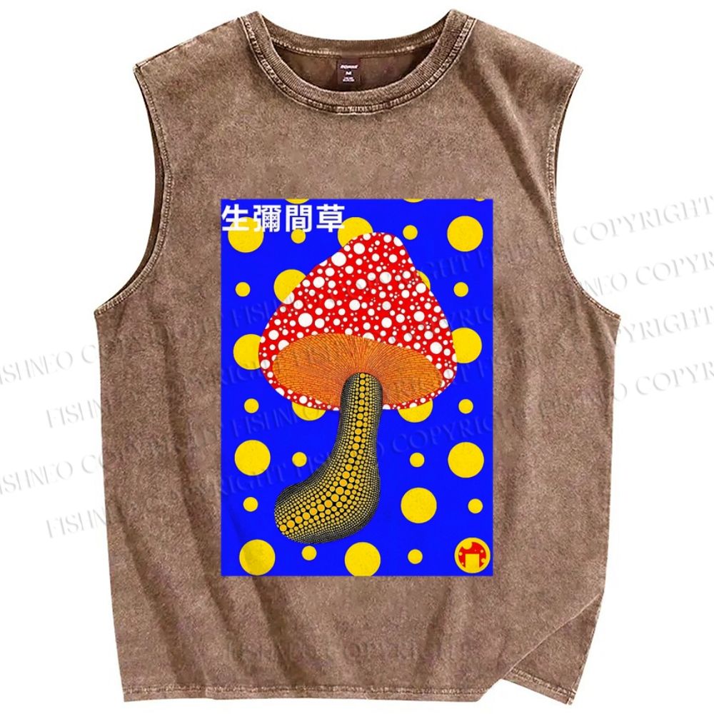 Unisex Yayoi Kusama Mushroom With Dots Printed Washed Tank Top