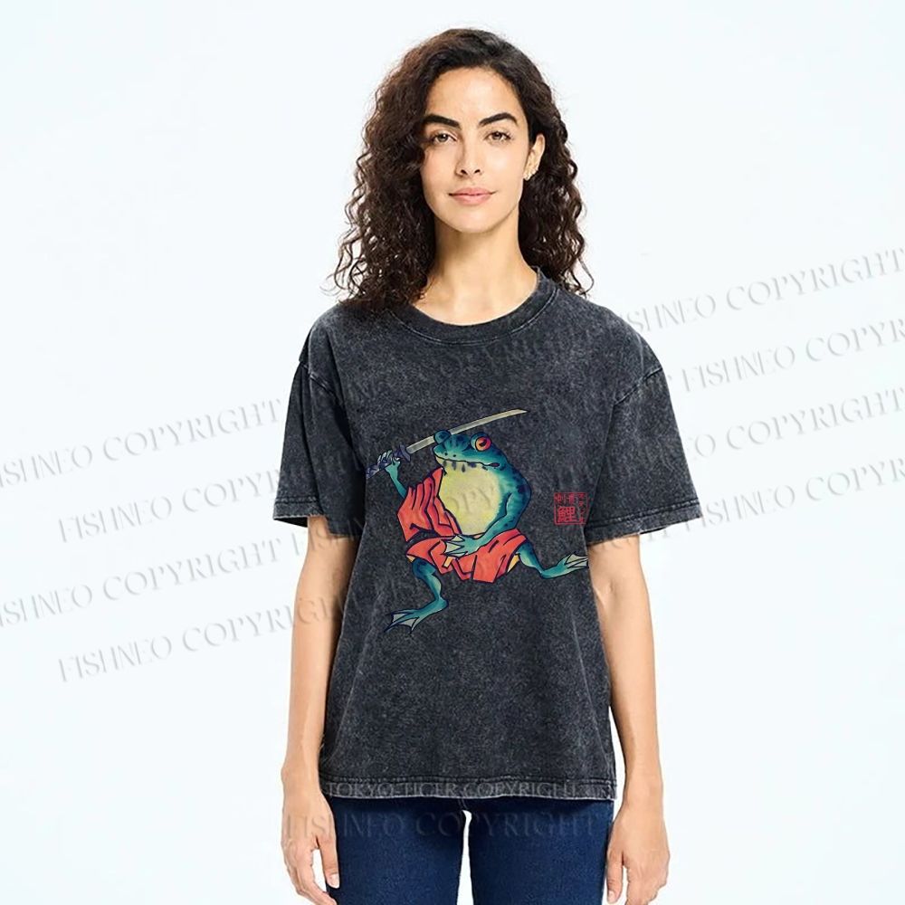 Unisex Samurai Frog Printed Washed Tee