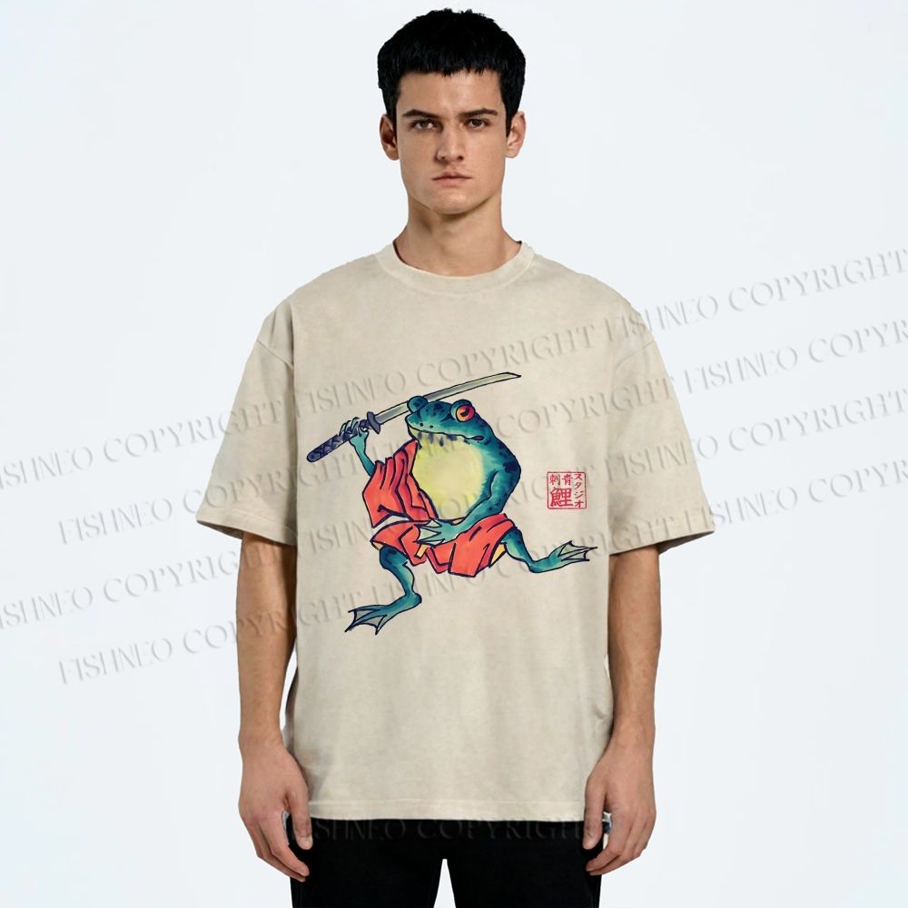 Unisex Samurai Frog Printed Washed Tee