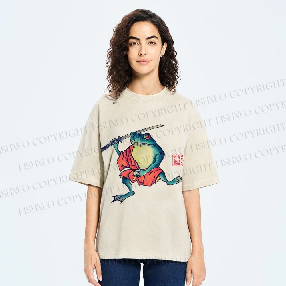 Unisex Samurai Frog Printed Washed Tee