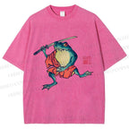 Unisex Samurai Frog Printed Washed Tee