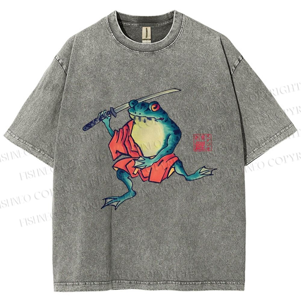 Unisex Samurai Frog Printed Washed Tee