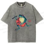 Unisex Samurai Frog Printed Washed Tee