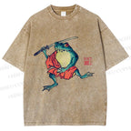 Unisex Samurai Frog Printed Washed Tee