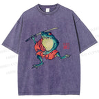 Unisex Samurai Frog Printed Washed Tee