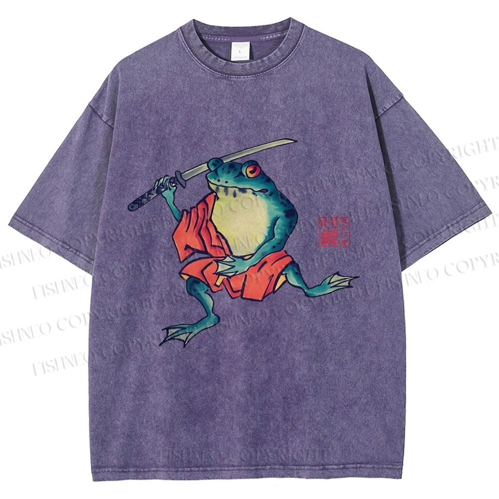 Unisex Samurai Frog Printed Washed Tee