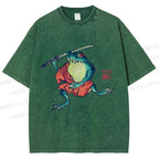 Unisex Samurai Frog Printed Washed Tee