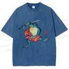 Unisex Samurai Frog Printed Washed Tee
