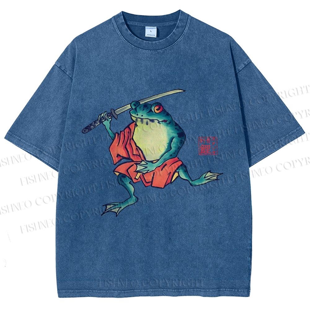 Unisex Samurai Frog Printed Washed Tee