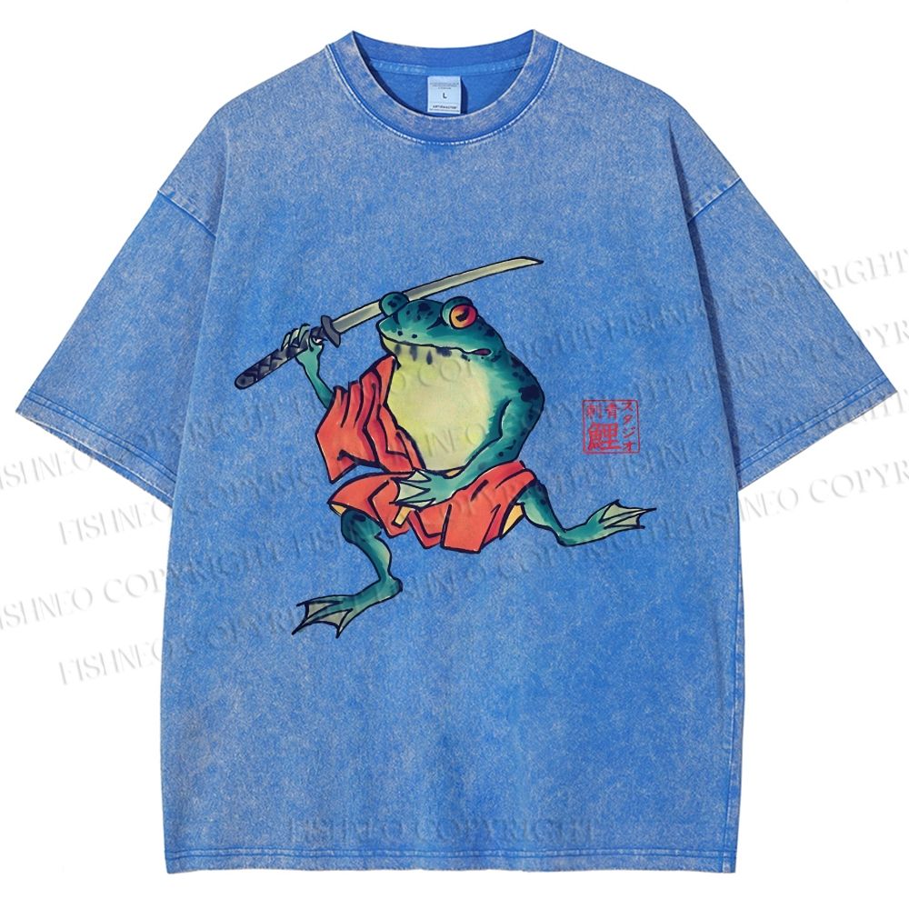 Unisex Samurai Frog Printed Washed Tee