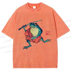 Unisex Samurai Frog Printed Washed Tee