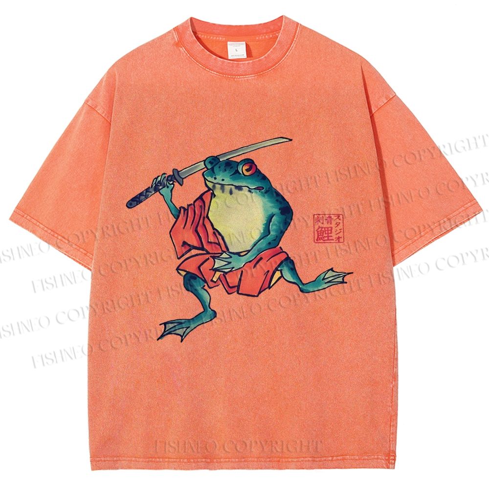 Unisex Samurai Frog Printed Washed Tee