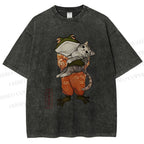 Unisex Japanese Frog Hugging Cat Printed Washed Tee