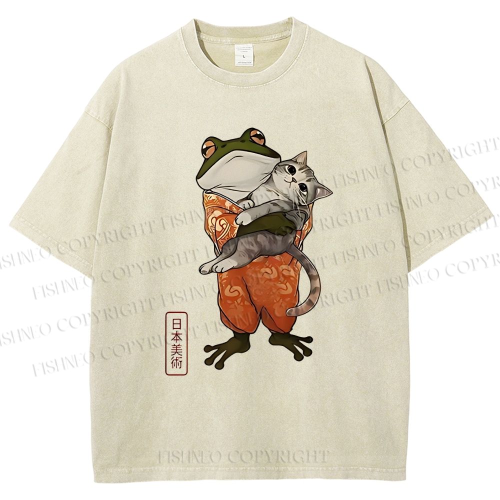 Unisex Japanese Frog Hugging Cat Printed Washed Tee