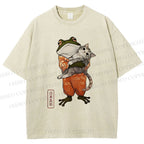 Unisex Japanese Frog Hugging Cat Printed Washed Tee