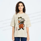 Unisex Japanese Frog Hugging Cat Printed Washed Tee