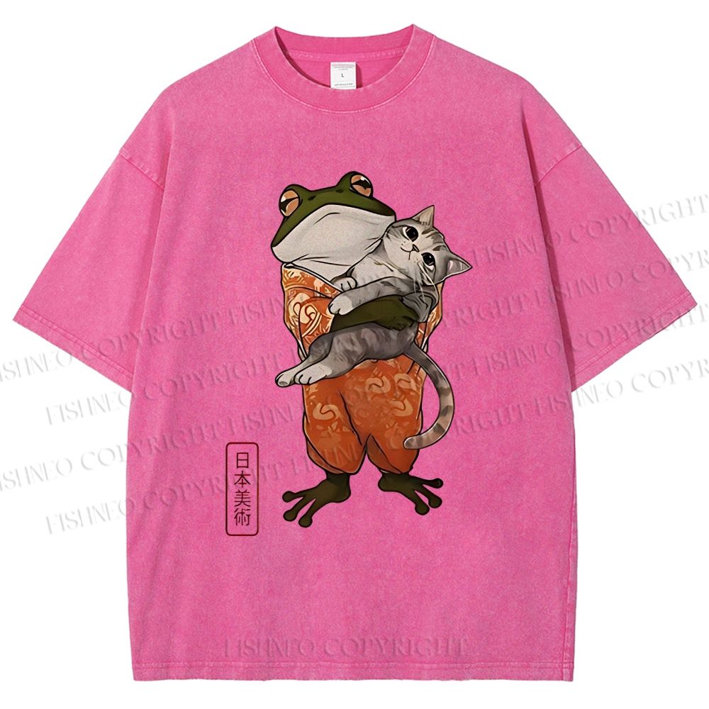 Unisex Japanese Frog Hugging Cat Printed Washed Tee