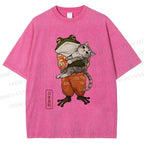 Unisex Japanese Frog Hugging Cat Printed Washed Tee