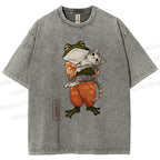 Unisex Japanese Frog Hugging Cat Printed Washed Tee