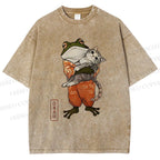 Unisex Japanese Frog Hugging Cat Printed Washed Tee