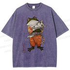 Unisex Japanese Frog Hugging Cat Printed Washed Tee