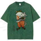 Unisex Japanese Frog Hugging Cat Printed Washed Tee