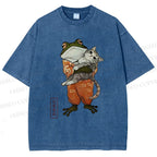 Unisex Japanese Frog Hugging Cat Printed Washed Tee