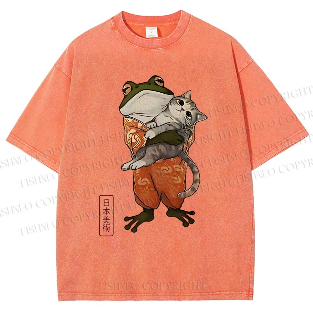 Unisex Japanese Frog Hugging Cat Printed Washed Tee