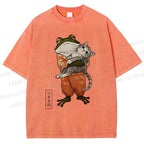 Unisex Japanese Frog Hugging Cat Printed Washed Tee