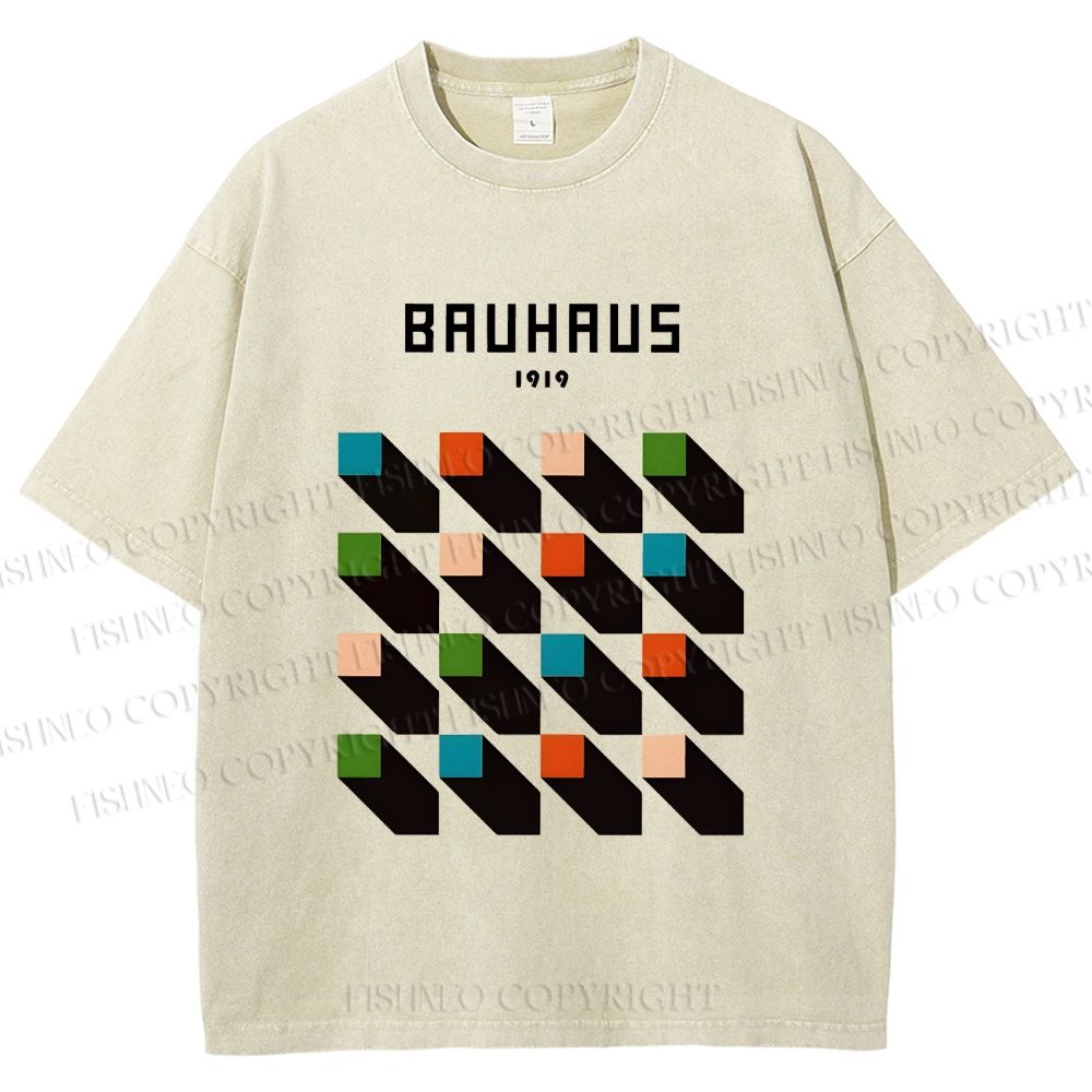 Unisex Bauhaus Geometric Colors Cubes Printed Washed Tee