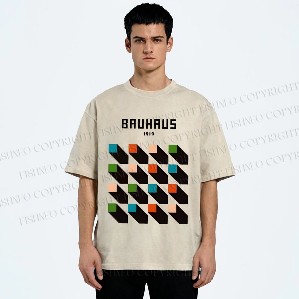 Unisex Bauhaus Geometric Colors Cubes Printed Washed Tee