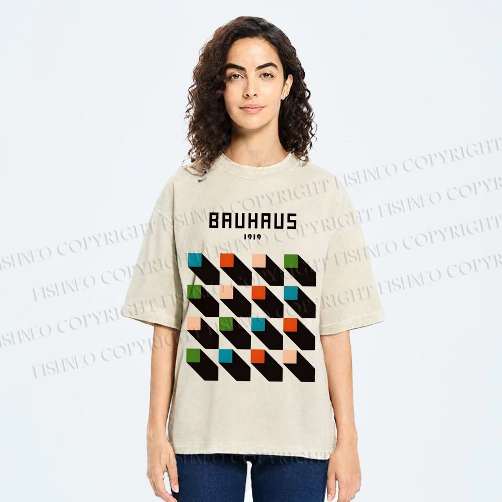 Unisex Bauhaus Geometric Colors Cubes Printed Washed Tee