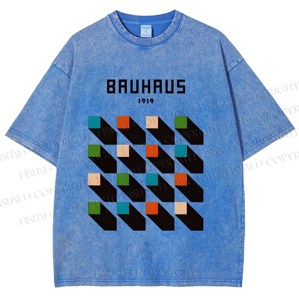 Unisex Bauhaus Geometric Colors Cubes Printed Washed Tee