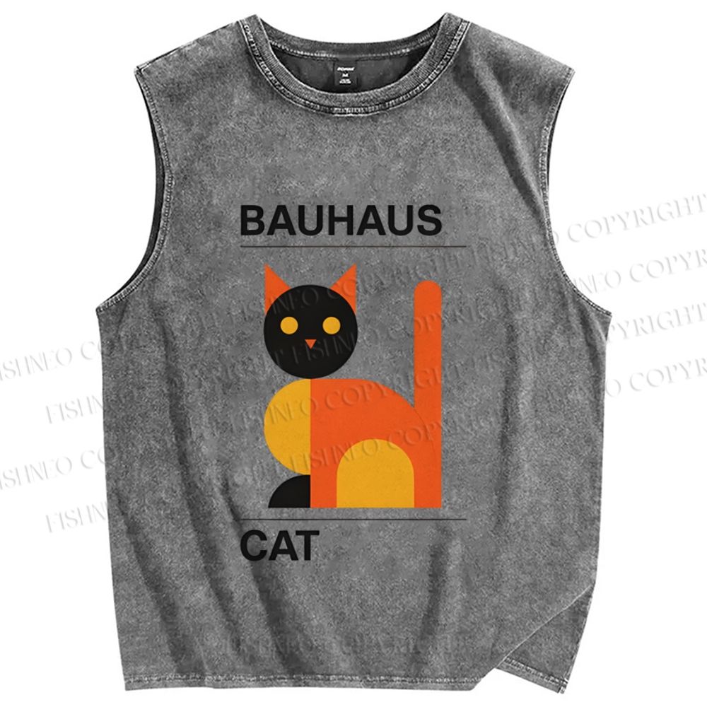 Unisex Bauhaus Geometric Cat Printed Washed Tank Top