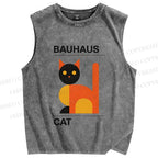 Unisex Bauhaus Geometric Cat Printed Washed Tank Top
