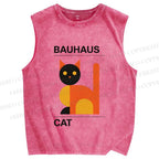 Unisex Bauhaus Geometric Cat Printed Washed Tank Top