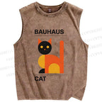 Unisex Bauhaus Geometric Cat Printed Washed Tank Top
