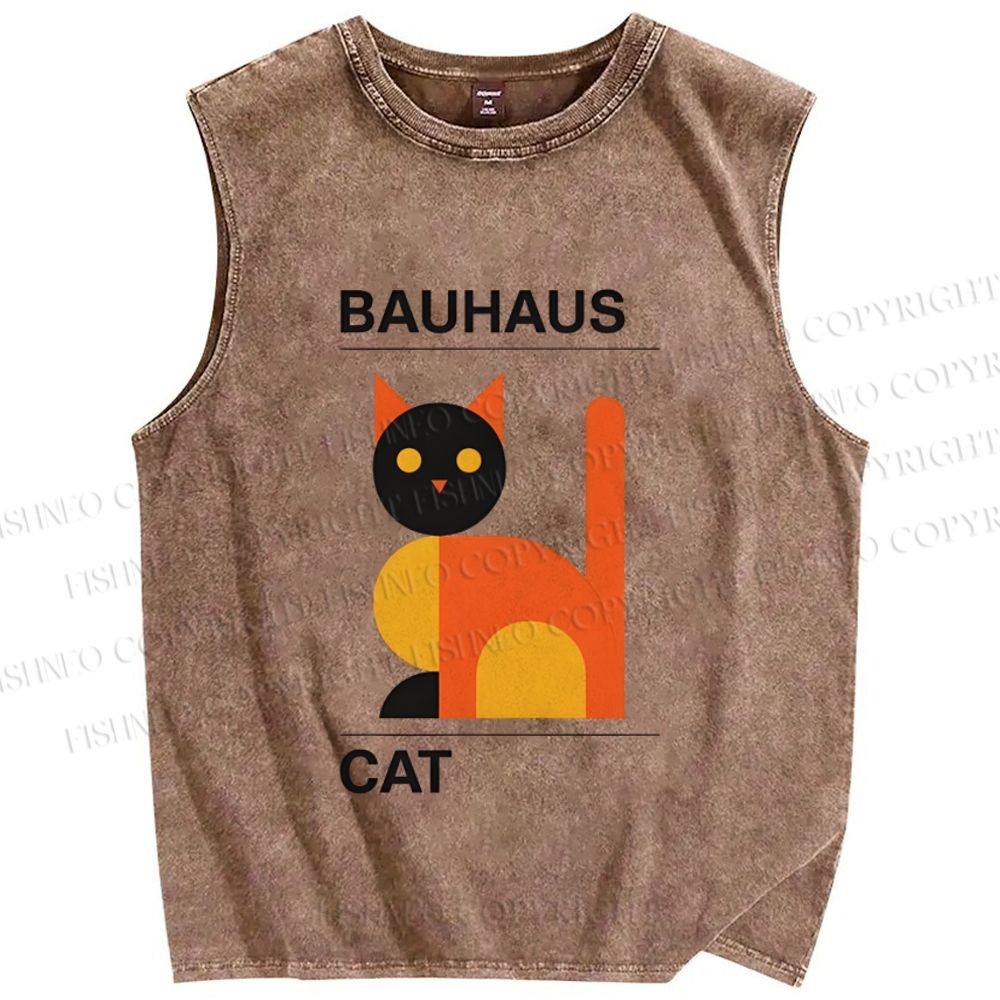 Unisex Bauhaus Geometric Cat Printed Washed Tank Top