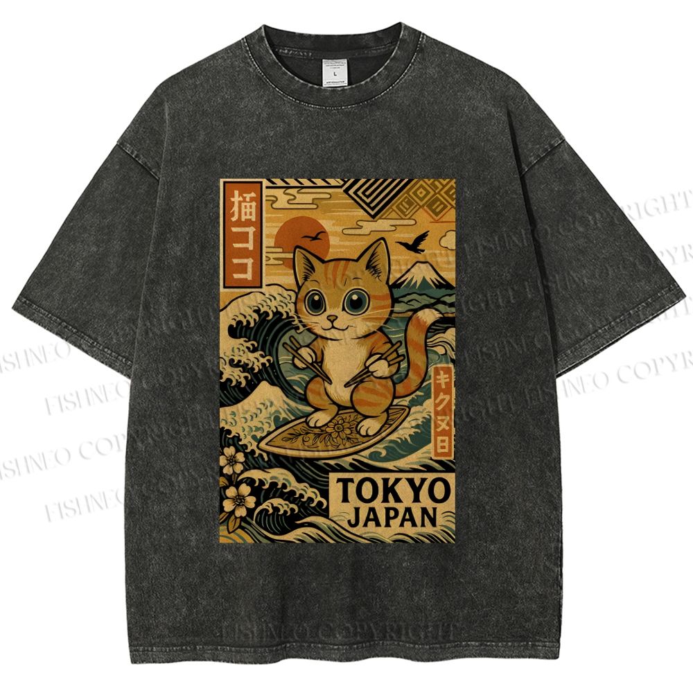 Unisex Japanese Sushi Cat Printed Washed Tee