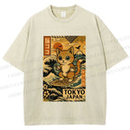 Unisex Japanese Sushi Cat Printed Washed Tee