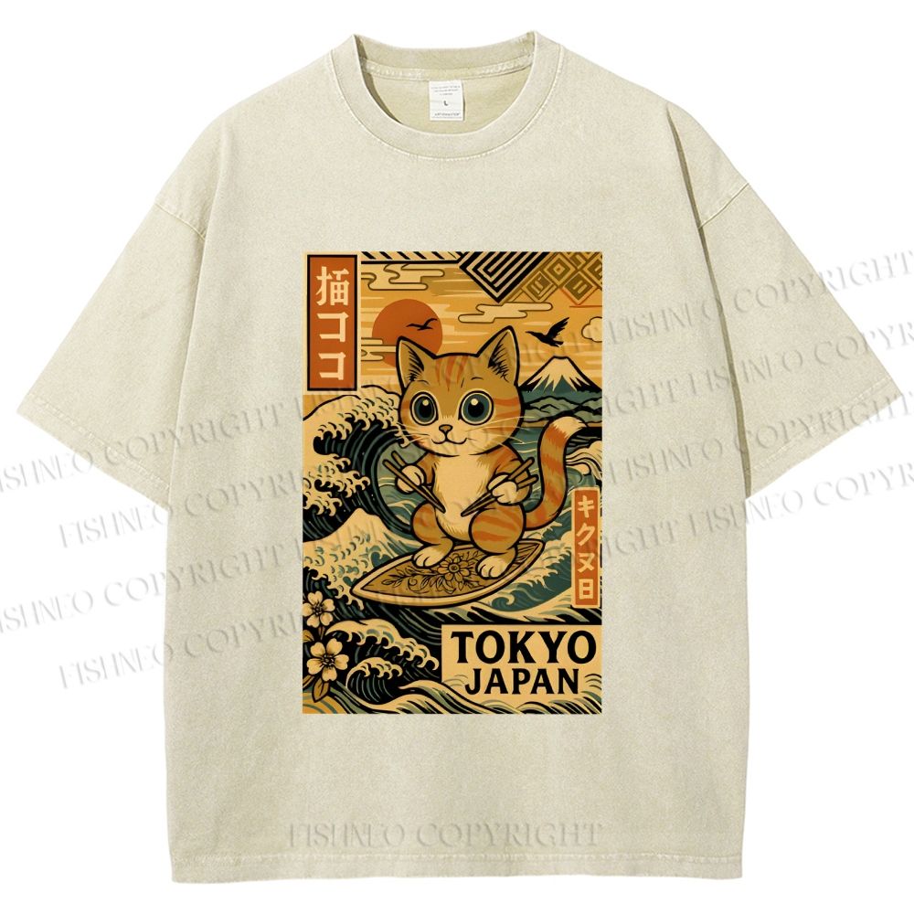 Unisex Japanese Sushi Cat Printed Washed Tee