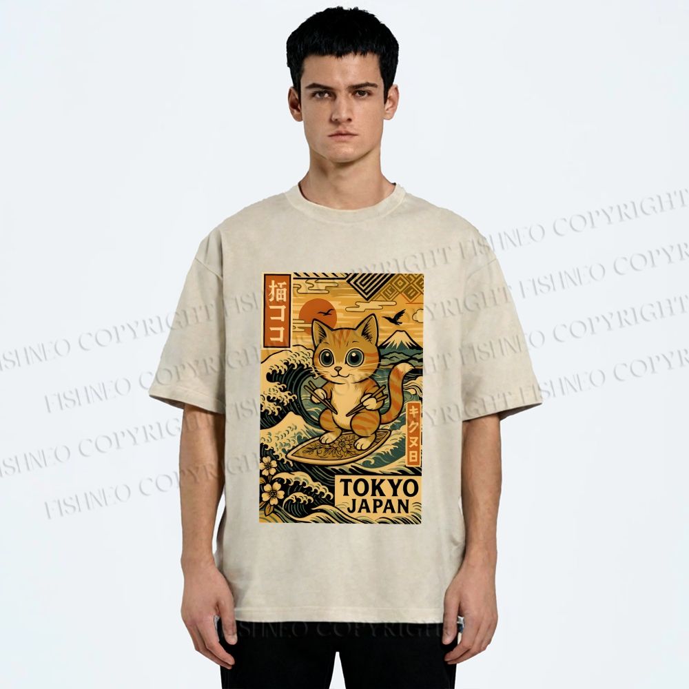 Unisex Japanese Sushi Cat Printed Washed Tee